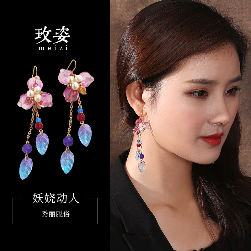民族风淡水珍珠s925纯银钩玫红玛瑙琉璃花瓣复古气质百搭耳环耳饰