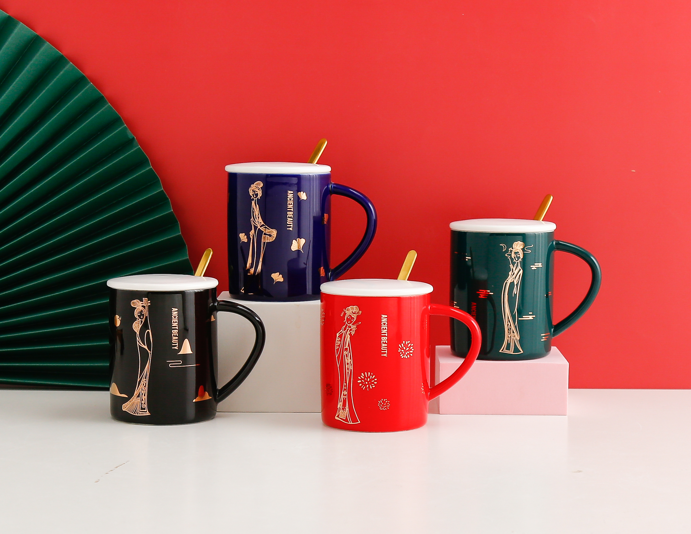 创意中国风色釉陶瓷马克杯带盖勺子礼品咖啡杯古典舞女图案水杯