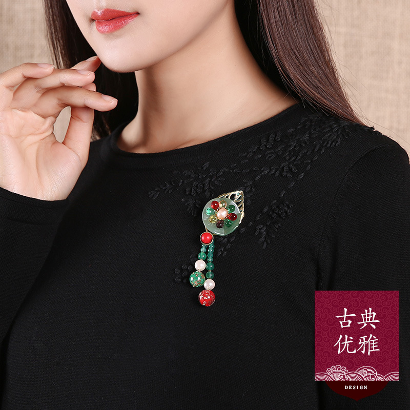 复古胸针女东陵玉配饰水滴琉璃吊坠外套大衣流苏大气民族风别针