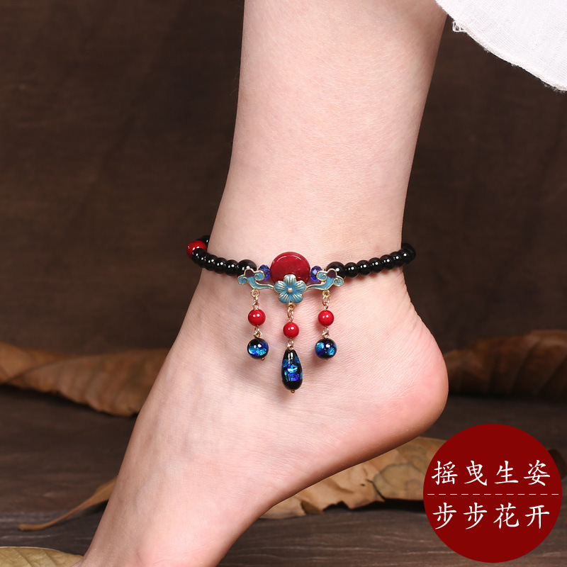 原创手工民族风复古气质星空琉璃首饰品简约个性流苏玉石脚链女