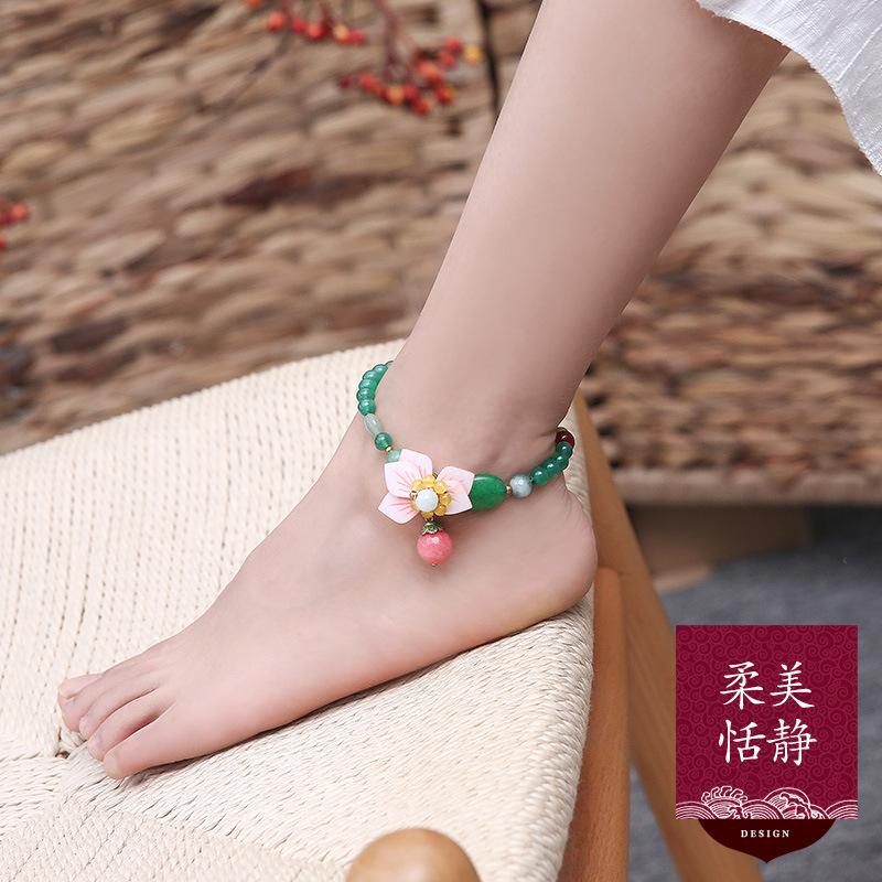 绿玛瑙玉脚链女手工古风脚饰性感简约百搭森系足链云南翡翠脚踝链