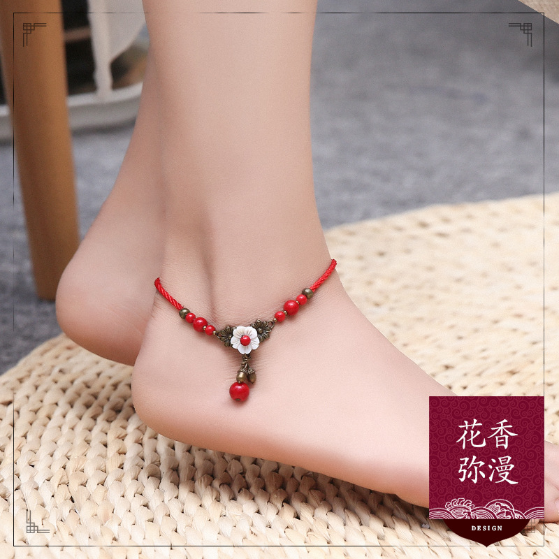 民族风贝壳花脚链气质复古红石韩版简约学生森系足链清新脚饰品女