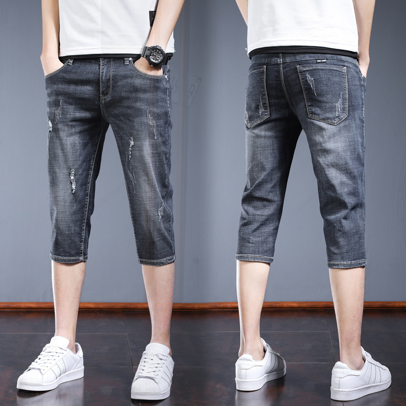 2021夏季新款七分牛仔短裤男装 薄破洞男裤男士裤子休闲7分裤潮流