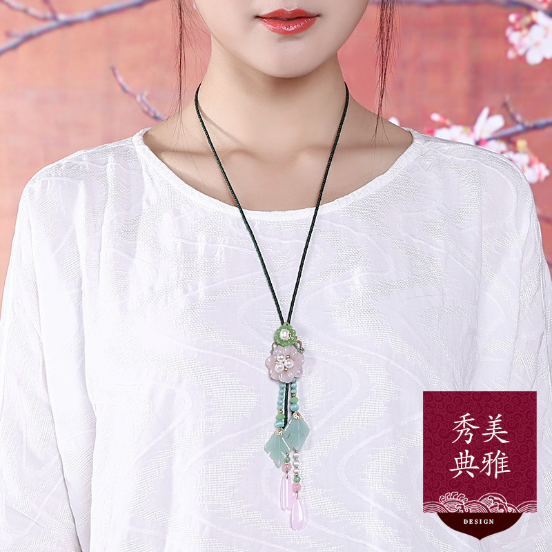 七瓣花淡水珍珠长款项链简约百搭琉璃吊坠衣服挂件清新夏季毛衣链