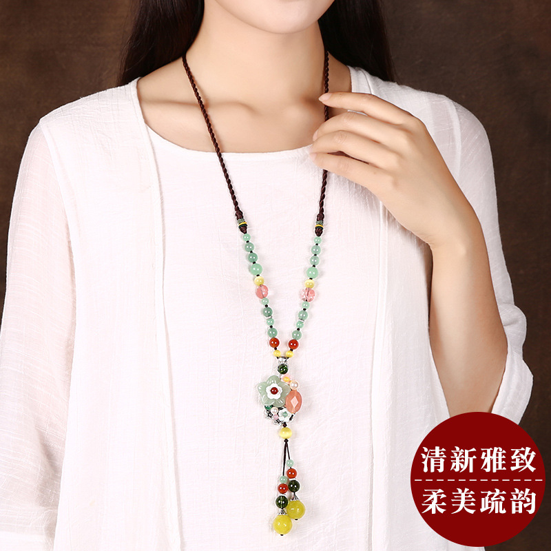 民族风原创女长款东陵玉仿猫眼石挂件毛衣链复古时尚大气厂家批发