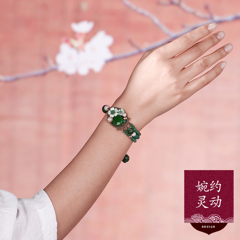 绿色云南民族风手链复古女琉璃玛瑙手串手工编织宽中国风手饰品冬