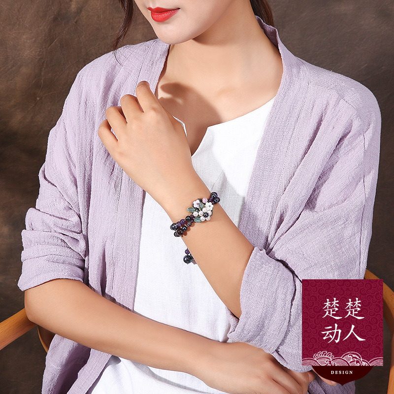 民族风贝壳花片紫水晶手链女贝壳珠复古气质百搭超仙个性手串配饰