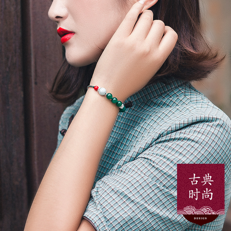 民族风绿玛瑙手链翡翠朱砂s925银圆弯管复古气质百搭个性手串配饰
