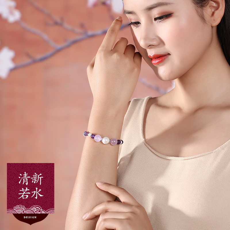 贝壳珠手链女S925纯银小圆珠花托浅紫玉石复古民族风气质百搭手串