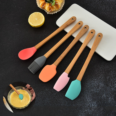  Tool Color 5-Piece Set Spatula Silicone Scraper Children's Wooden Handle Small Kitchenware Made from Silicone