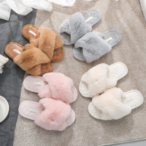 plush slippers for women 202 autumn and winter new indoor flat big rabbit velvet cross strap couple cotton slippers wholesale