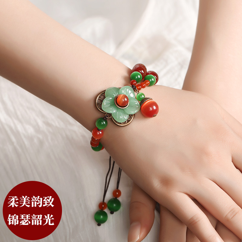古风手链女民族风简约配饰复古百搭玛瑙东陵玉闺蜜手串手工编织