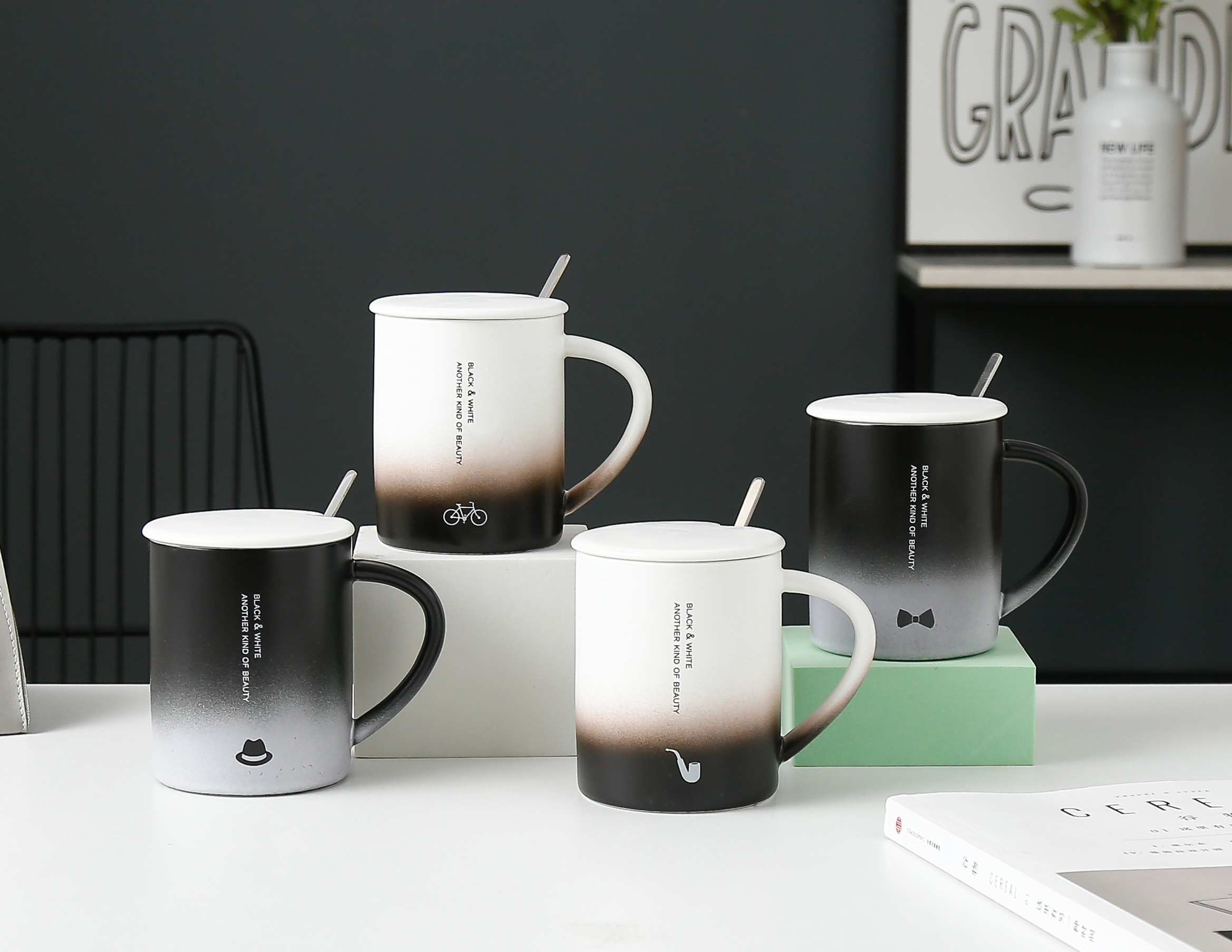 定制个性简约办公家用怀旧渐变黑白陶瓷马克杯带盖勺礼品咖啡杯