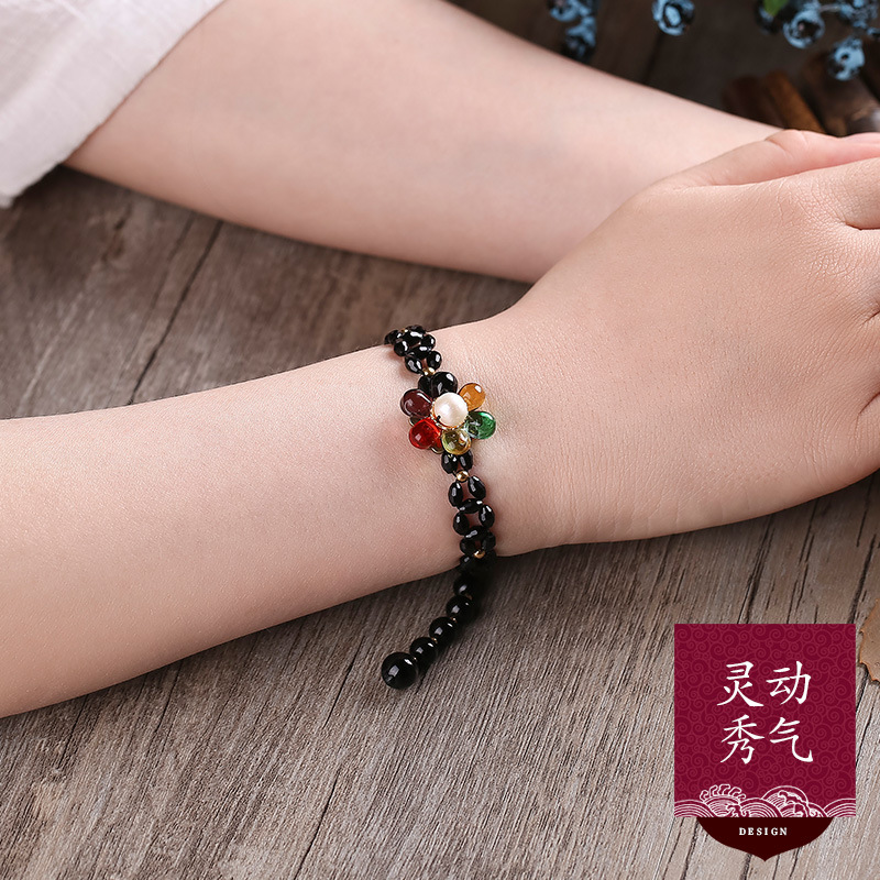 淡水珍珠手链女水滴琉璃太阳花装饰手串简约双层闺蜜首饰品可调节