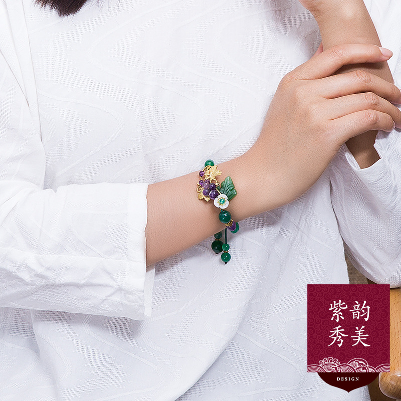 合成紫水晶民族风手链女琉璃树叶气质百搭复古手串的超仙饰品配饰