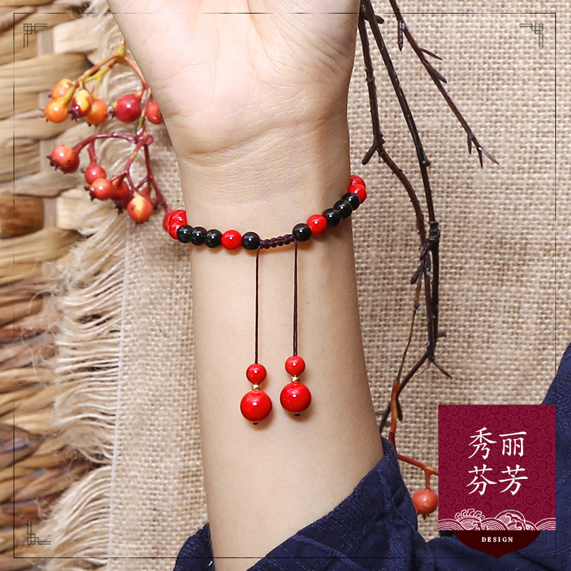 贝壳花民族风复古手链女红石黑玛瑙超仙手串手饰气质森系百搭配饰