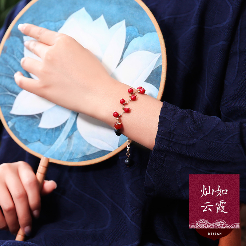 红色玛瑙复古手链民族风简约学生百搭个性闺蜜手饰女韩版装饰品潮