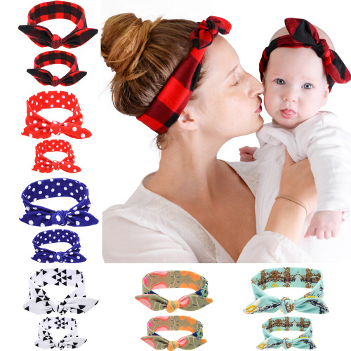 european and american printed mother and child set parent-child rabbit ears hair band baby hair band headdress mother and son set 6 colors