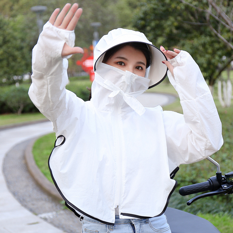 纯色连帽防晒衣女2021夏季韩版新款宽松披肩大帽檐系带骑车外套女