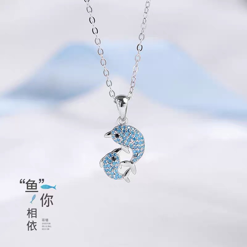 S925银海豚项链女锆石水晶吊坠女友闺蜜生日礼物鲸鱼锁骨链
