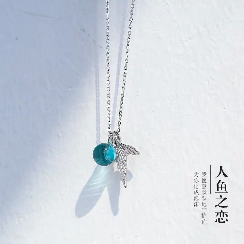 人鱼泡沫项链韩国925银水晶锁骨链女日韩气质百搭鱼尾项链