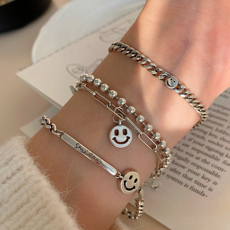 925银重工复古泰银做旧smile笑脸银手链女ins潮嘻哈小众手饰