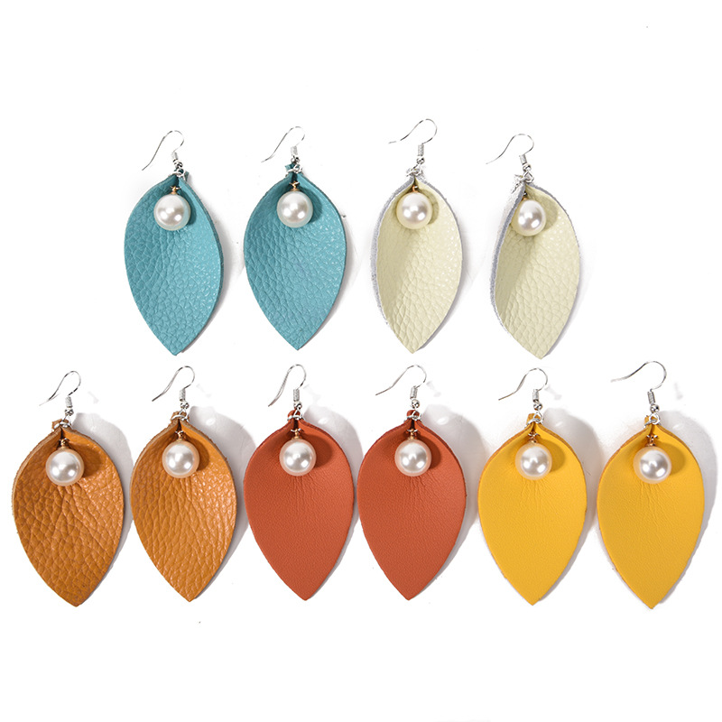 新款欧美复古皮耳环 珍珠真皮耳钉 朋克风格牛皮水滴形状树叶耳扣
