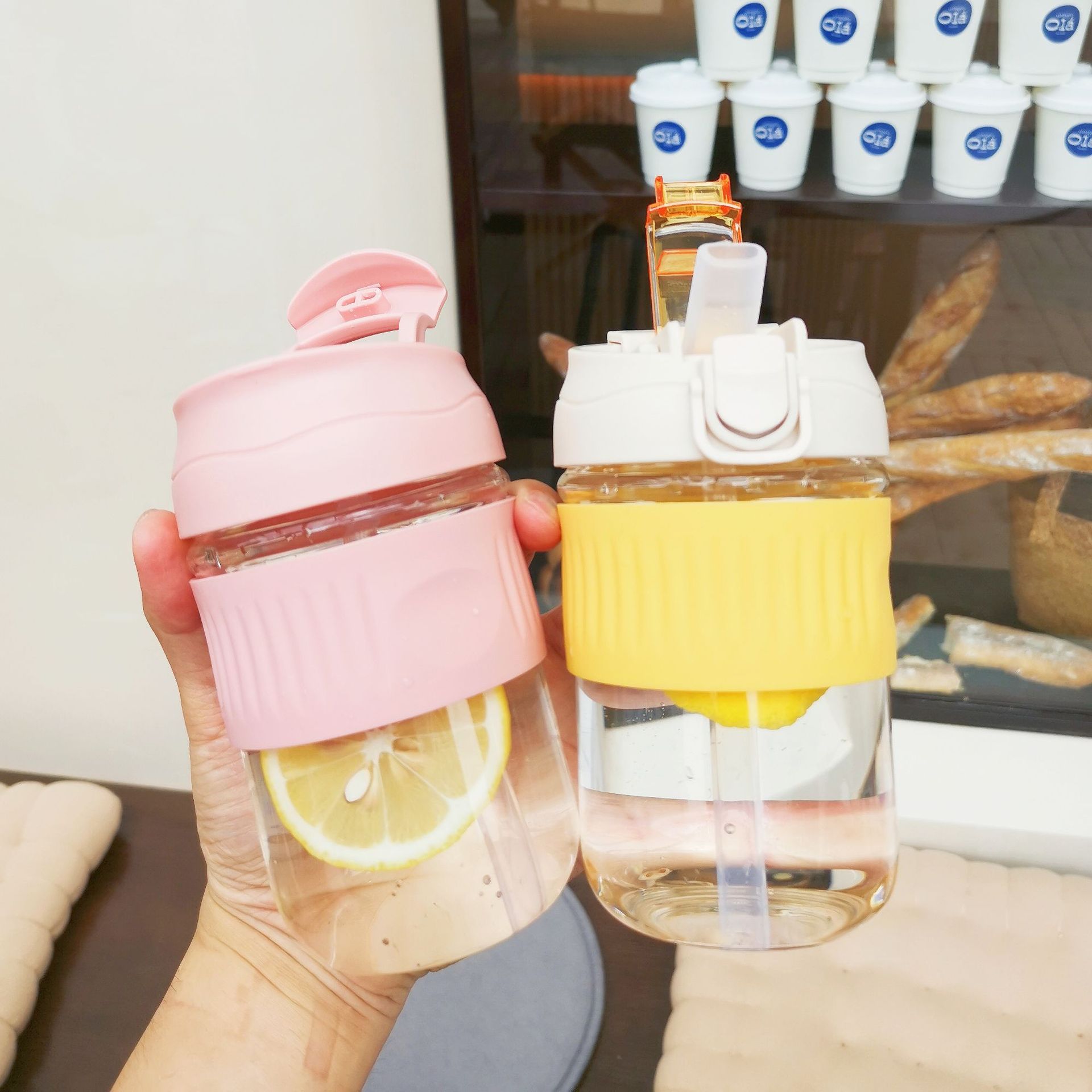 厂家直销新款吸管玻璃水杯可爱女生带吸嘴双饮便携咖啡杯ins杯子