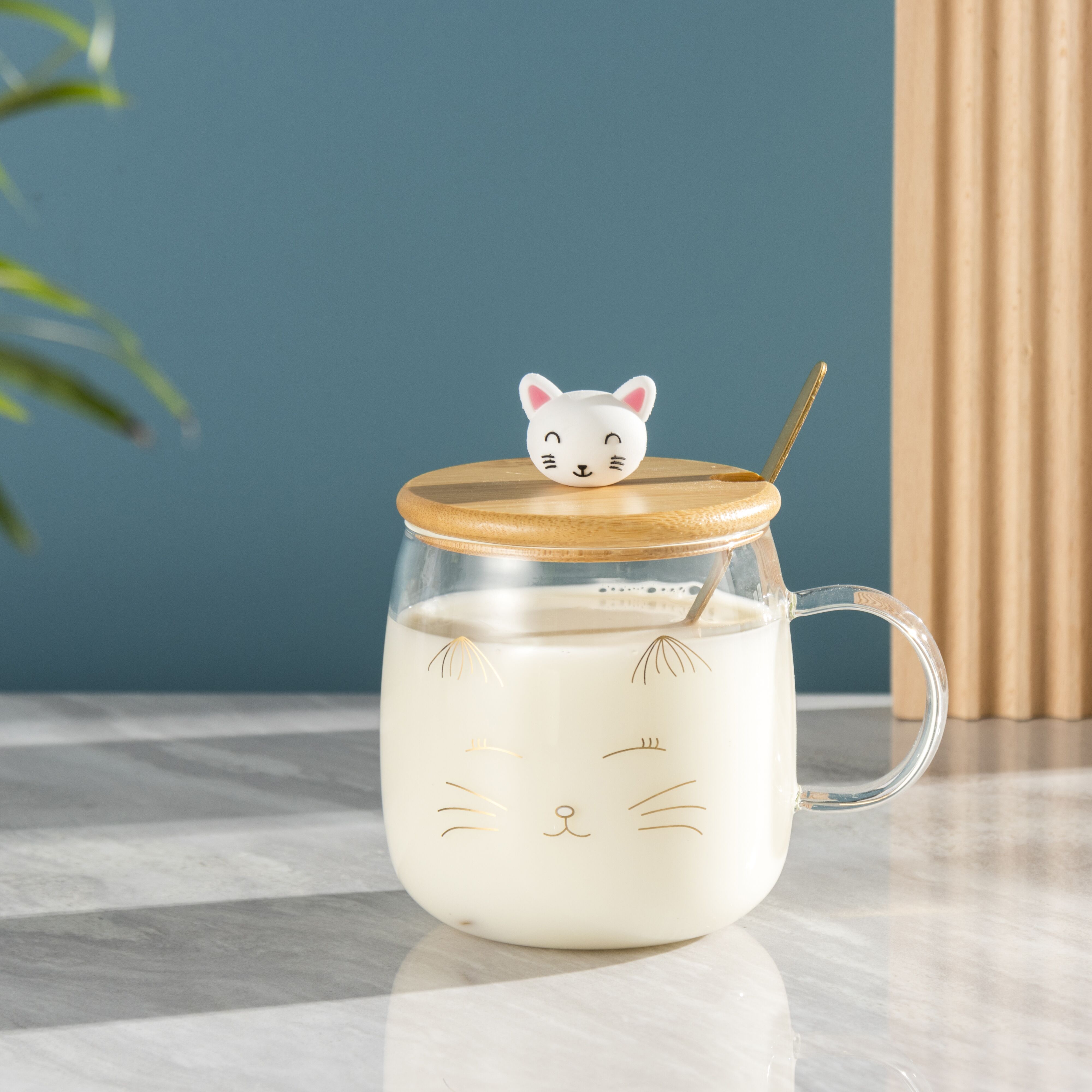 夏季可爱猫咪玻璃杯带盖勺早餐杯伴手礼女生礼物水杯定制logo