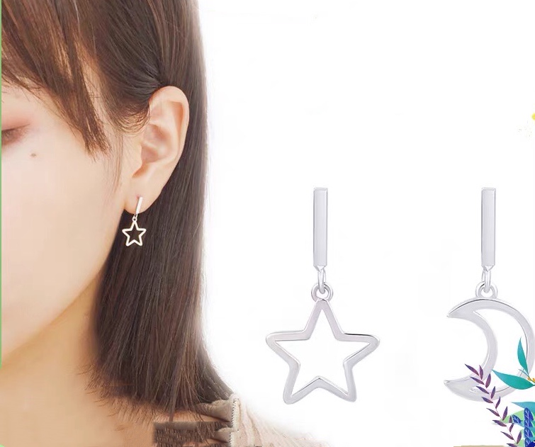 韩版时尚耳饰镂空星星月亮耳钉不对称简约耳坠耳环甜美韩国配饰