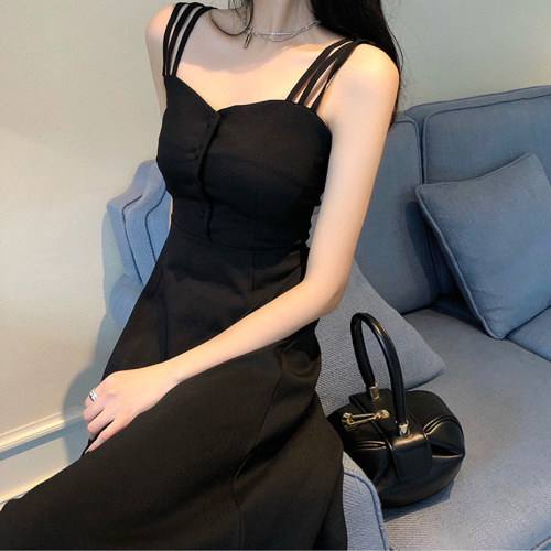 Suspender Skirt Summer Mori Super Fairy Waist Slimming Gentle Style Elegant French Dress Women‘s Black Dress