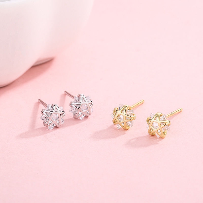 S925银五角星水晶耳钉时尚优雅星星耳饰个性冷淡风满天星耳环