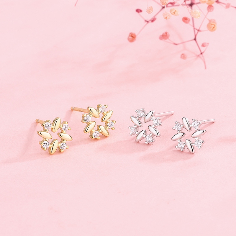 S925银韩版优雅花朵耳钉女气质花卉耳饰个性方圆新潮锆石耳环