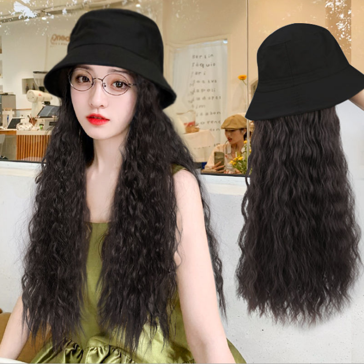 网红渔夫帽子假发一体女时尚长卷发大波浪自然全头套式