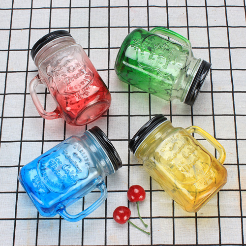 Factory Wholesale Color Gradient Handle Cup with Bottle Cap Fashion Mason Cock Drink Cup