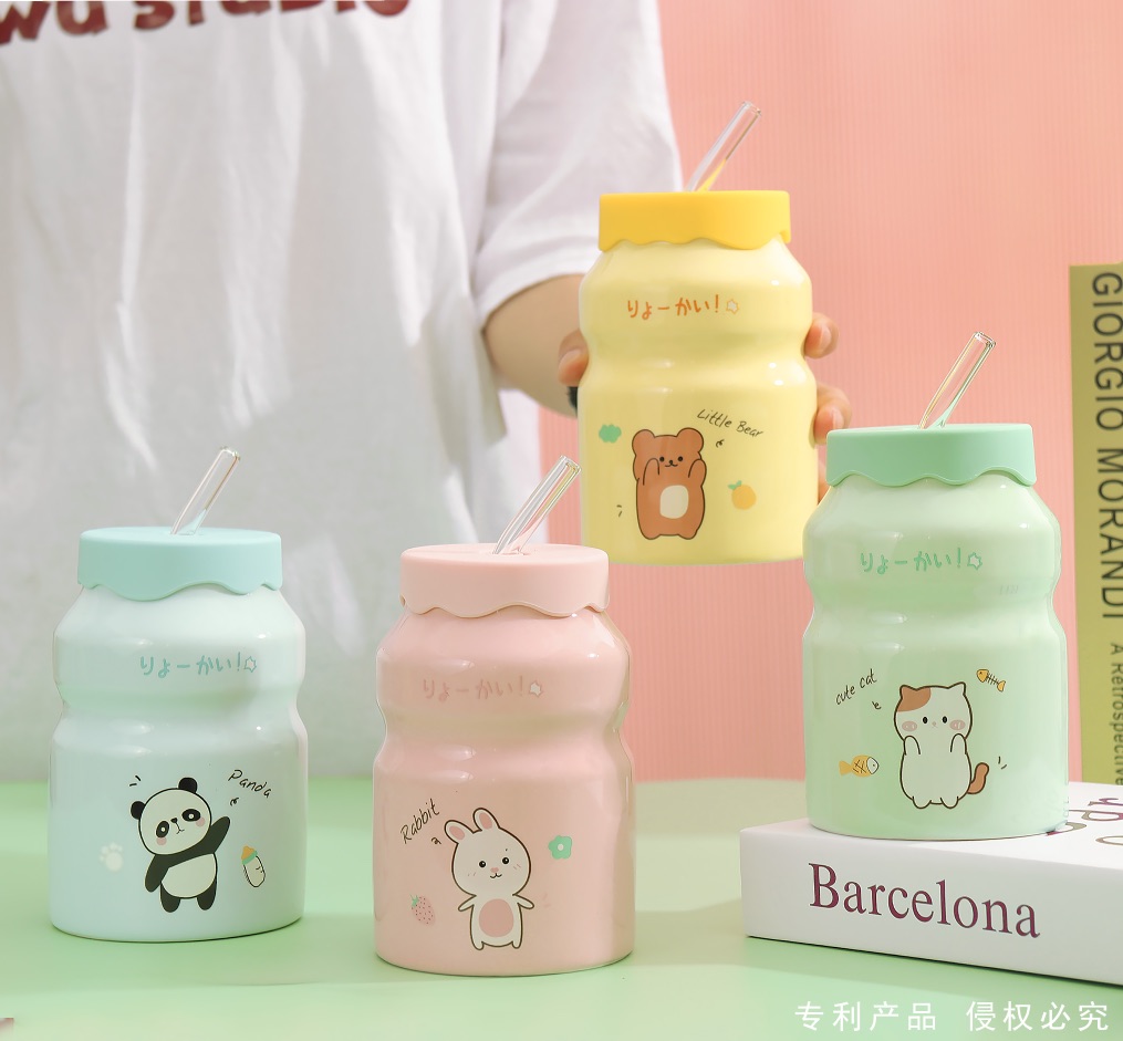 超可爱牛奶茶益吸管情侣马克杯简约清新森系卡通陶瓷杯少女心