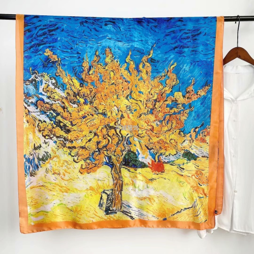 simulation silk screen red silk scarf new silk satin long towel youth trees， mountains and mountains figure a deer has you on the shelves in stock