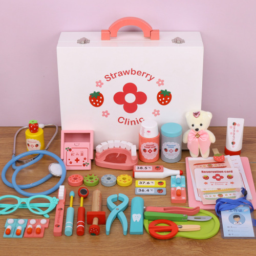 Children‘s Wooden Simulation Play House Doctor Nurse toy Set Boys and Girls Stethoscope Injection Medicine Box Tool