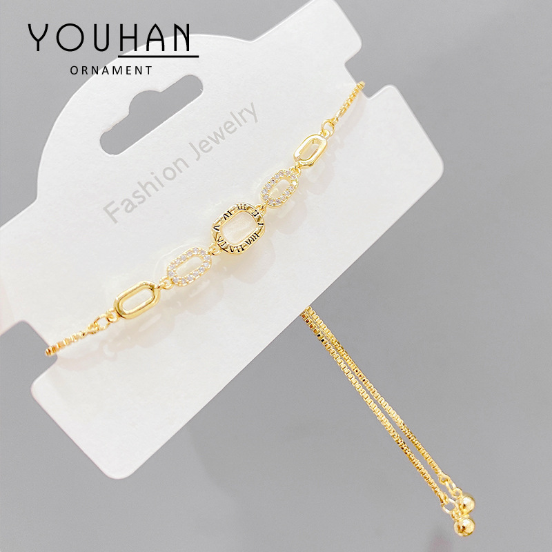 2121新款罗马数字抽拉手链女铜电镀真金手镯可调节手饰品源头工厂