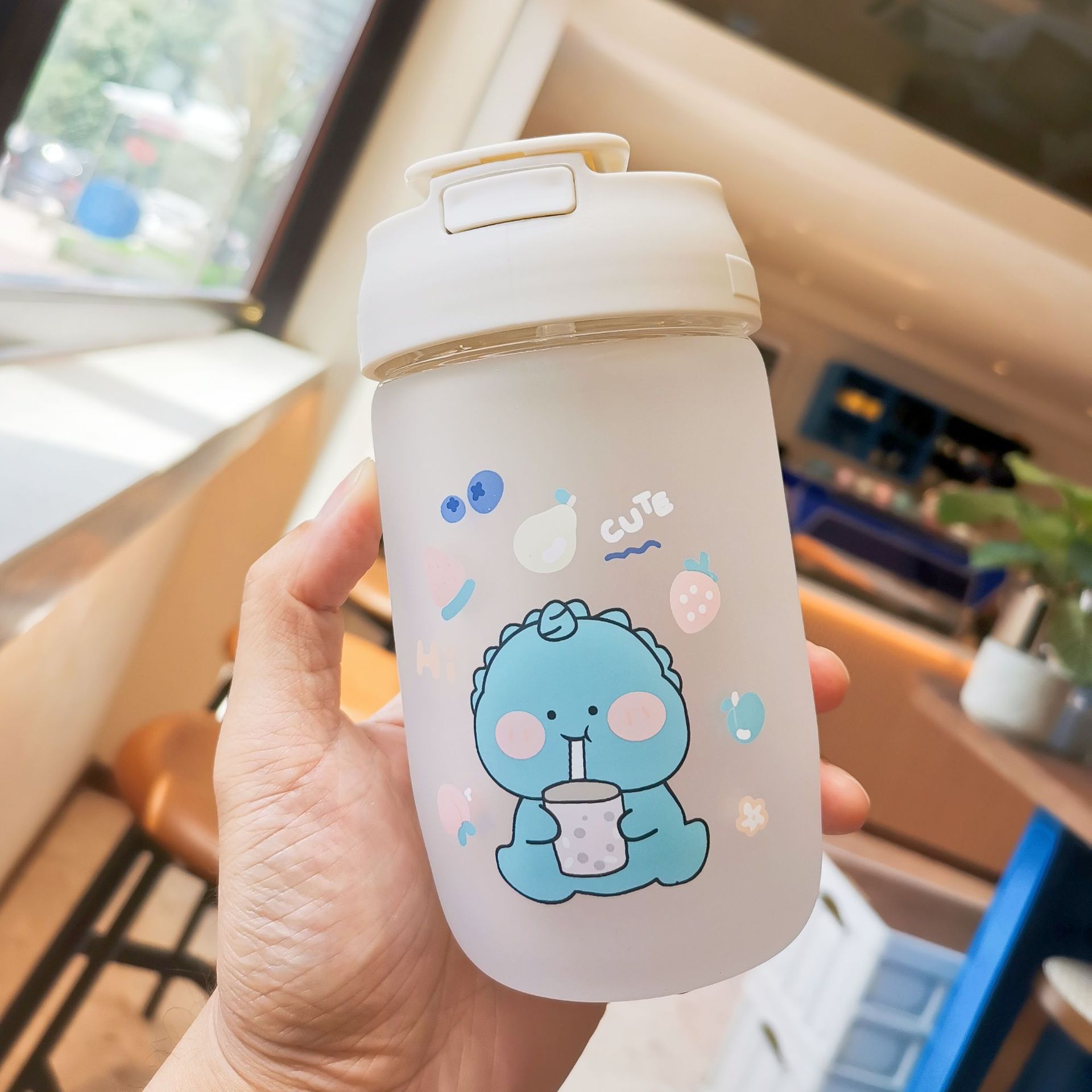 新款可爱胖胖磨砂玻璃杯卡通学生便携杯子大容量吸管直饮两用水杯