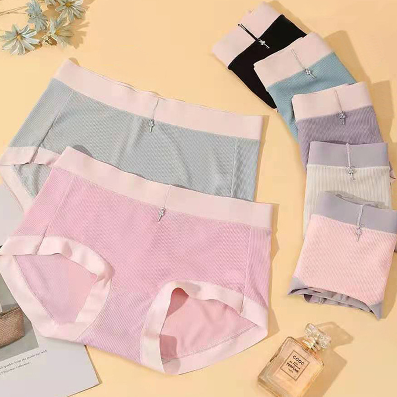 2021春夏新款 中腰钻饰女式内裤 舒适透气螺纹冰丝女士内裤批发