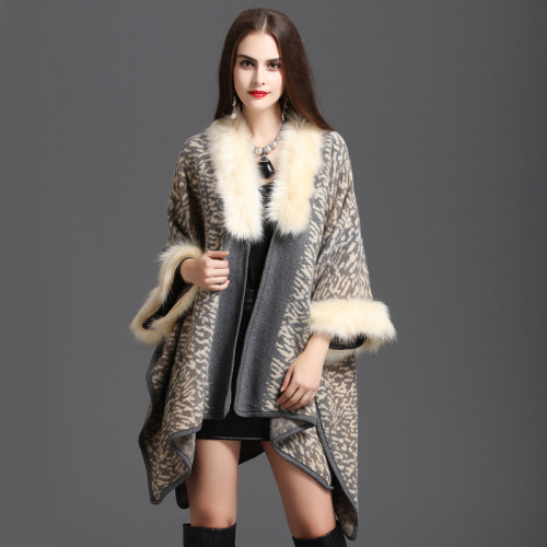 Autumn and Winter New plus Size Loose Imitation Fox Fur Collar Printed Knitted Cardigan Shawl Cape