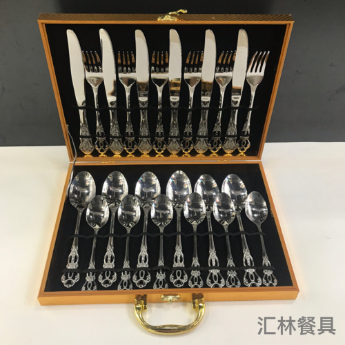 410 stainless steel western-style tableware set royal court series western food knife， fork and spoon golden wooden box 24-piece set