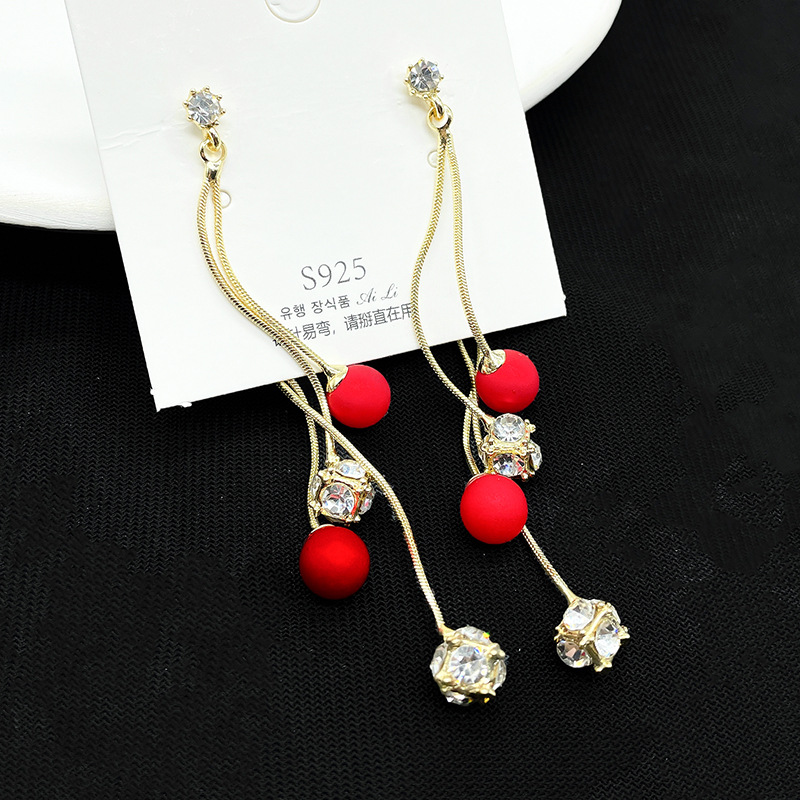 气质长款流苏微镶水钻珍珠耳坠红色前后款网红超仙耳饰