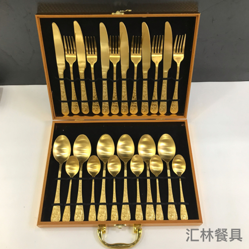 410 stainless steel sanding titanium western tableware junting series western food knife and fork spoon gold wooden box 24-piece set