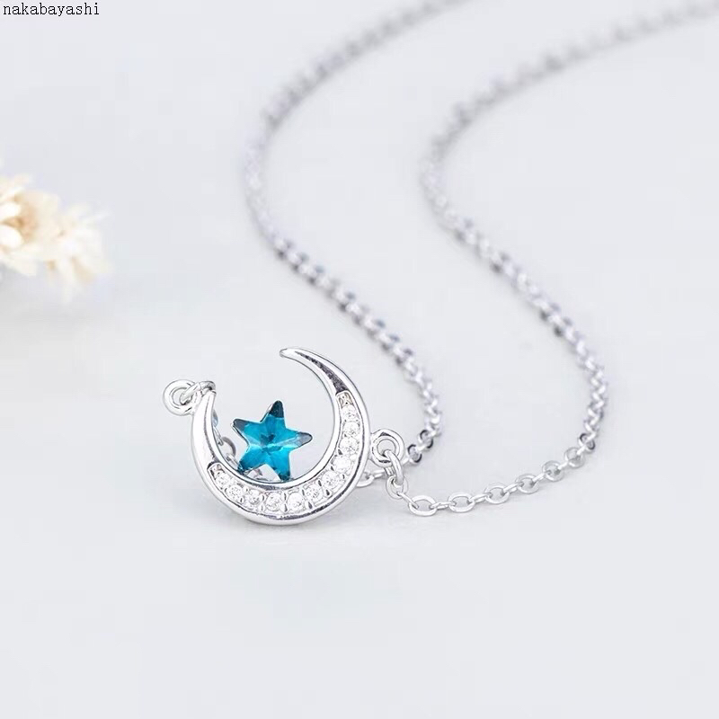 925银时尚项链女五角星月亮项饰韩饰品女吊坠白金色项链
