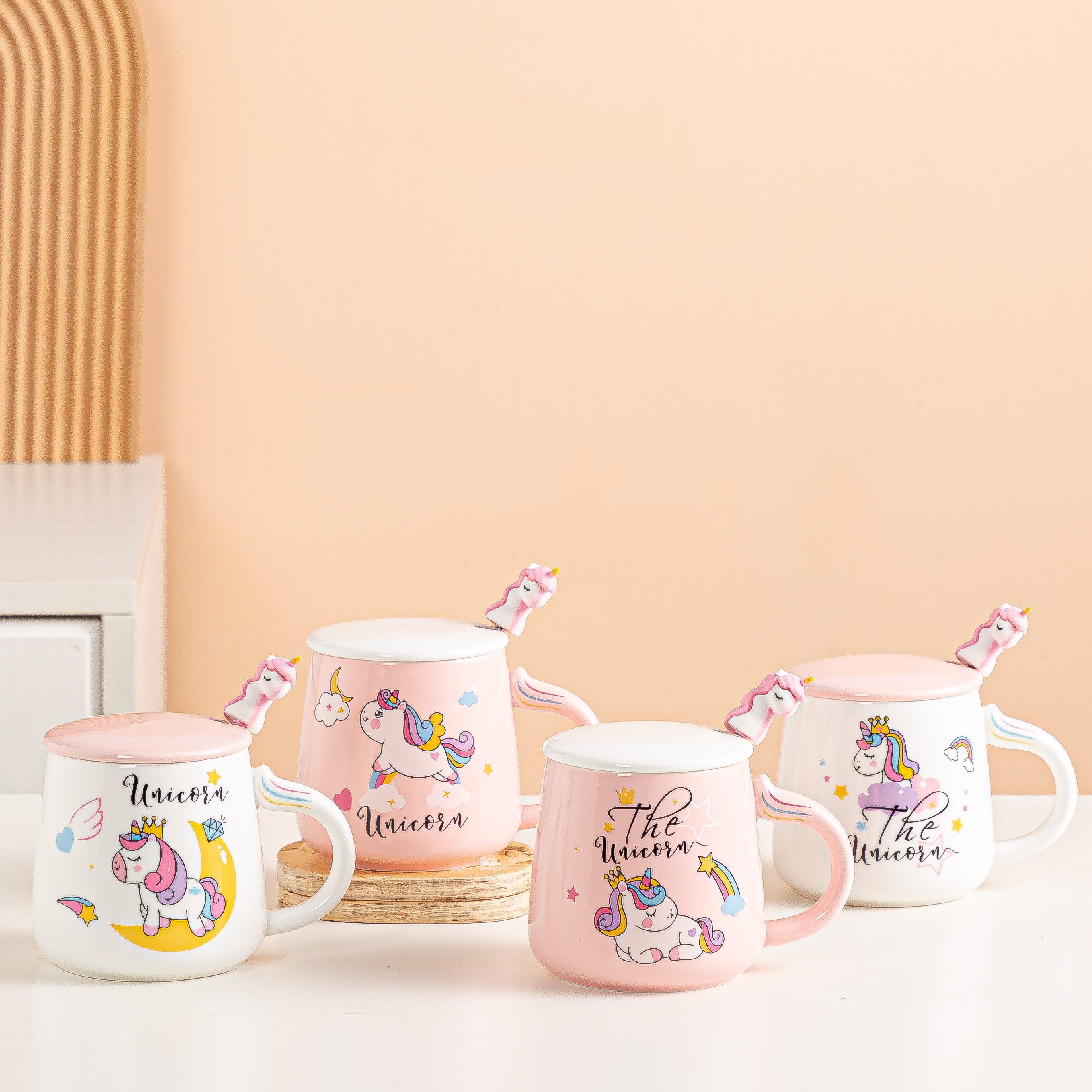 创意独角兽马克杯陶瓷咖啡杯个性网红水杯带盖勺粉可爱少女心杯子