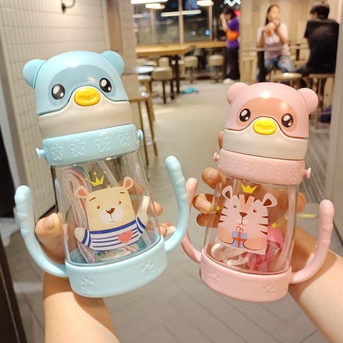 plastic water cup creative cartoon children‘s straw cup handle strap bouncing kettle kindergarten baby absorbent cup