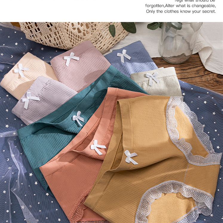 新品无缝拼色中腰女包臀棉质石墨烯裆部性感蕾丝少女三角内裤