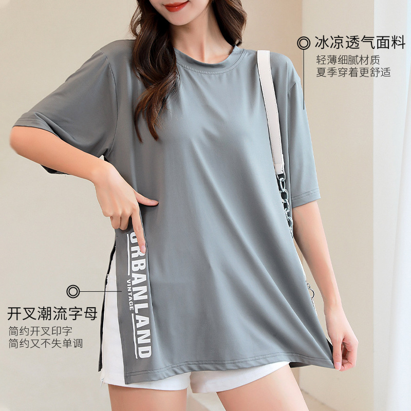 开叉短袖女2021夏季新款宽松透气中长款t恤韩版潮流字母印花女装